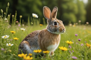Fototapeta premium there is a rabbit sitting in a field of flowers with a forest in the background