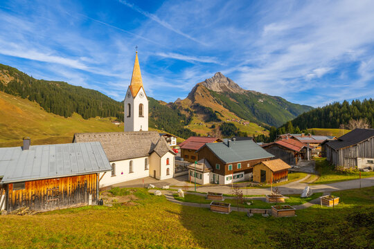 The village of Warth am Arlberg, view toward Biberkopf, State of Vorarlberg, Austria. Autumn Shot