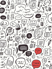 Hand-drawn speech bubbles, thought bubbles, and doodles; seamless pattern; white background; website design.