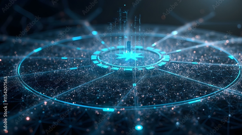 Poster a futuristic, abstract representation of data flow and connectivity, with glowing blue lines, circle