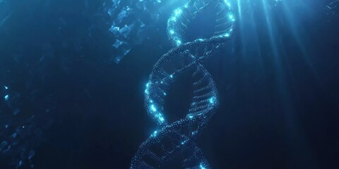 Glowing DNA strand underwater, light rays.