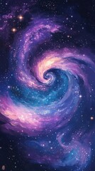 Obraz premium Galaxy inspired abstract design with swirling purples, blues, and stars. Represents the infinite universe, sparking imagination and curiosity about the cosmos. HD phone wallpaper.