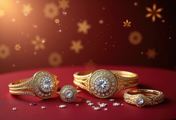Three gold rings with diamonds on a red background with bokeh.