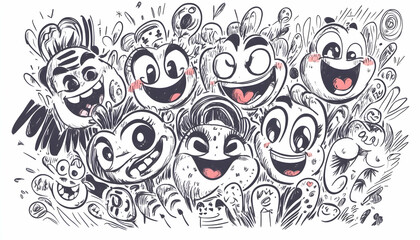 Happy Cartoon Frogs Doodle Illustration Background Design.