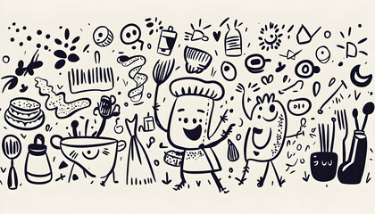 Happy Chef Cooking Doodle Illustration Background Kitchenware.