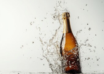A bottle-shaped champagne bottle, its neck broken and the top popping off, with water splashing out, against a white background
