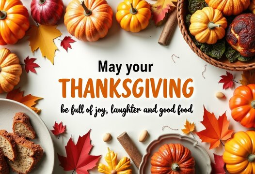 Thanksgiving greeting with pumpkins and fall leaves