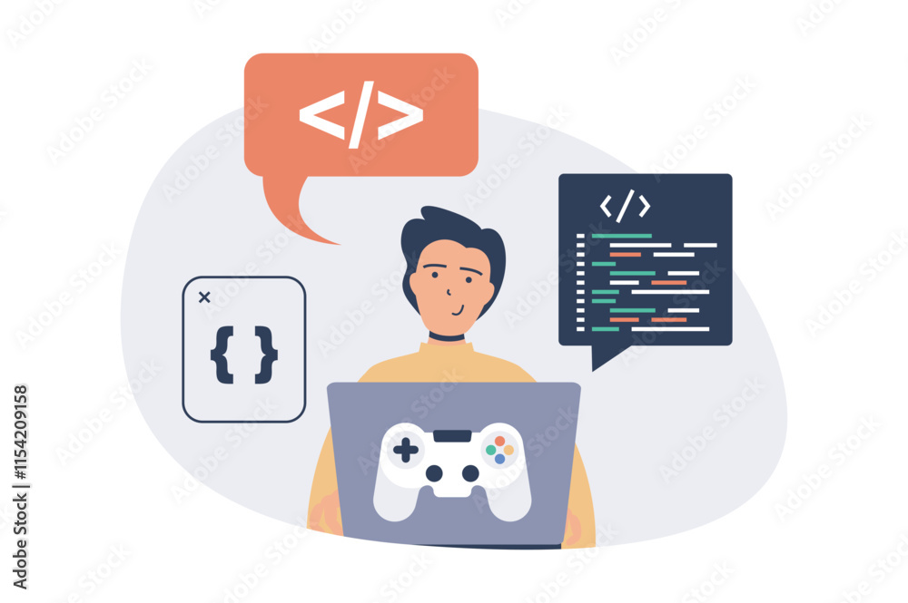 Aufkleber Video game developer web concept with flat cartoon people for website design. Man working with code for computer game, programming at screen and testing with joystick console. Vector illustration.