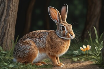 Fototapeta premium there is a painting of a rabbit sitting in the grass