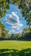 Obraz premium beautiful wooded park with a blue sky with clouds with copy space vertically 9:16