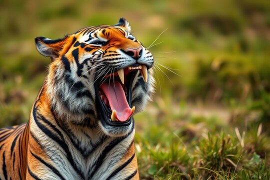 there is a tiger that is yawning in the grass