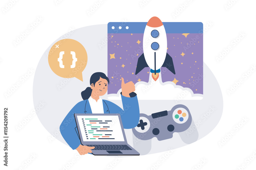 Aufkleber Video game developer web concept with flat cartoon people for website design. Woman programming and coding at startup game project, testing software with controller console. Vector illustration.