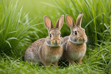 two rabbits are sitting in the grass with their ears up