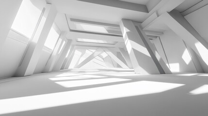 Abstract white architectural interior with sunlight.