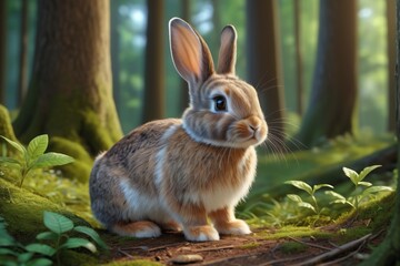 Fototapeta premium there is a rabbit that is sitting on a mossy log