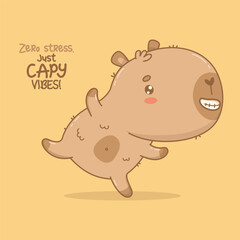 Happy Capybara with Relaxed Vibes. Funny playful kawaii character. Vector illustration. Card with cool slogan. Kids collection