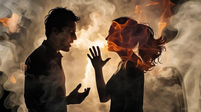 A heated argument between a couple is dramatized with fiery surroundings, reflecting the destructive power of unresolved emotions.