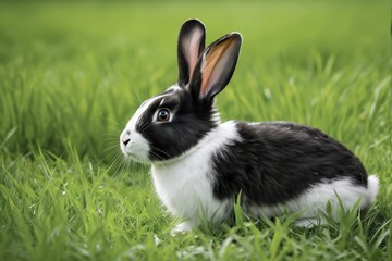 there is a black and white rabbit sitting in the grass