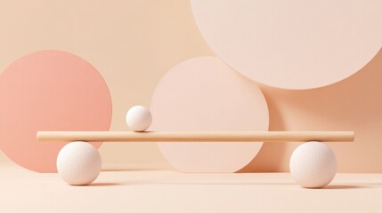 Balanced wooden beam with spheres on pastel background.