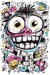 Fototapeta premium Joyful Cartoon Character Doodle, Vibrant Background, Graphic Design, T-Shirt Print.