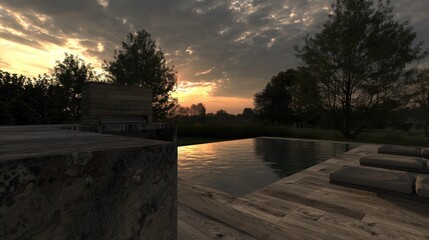 Sunset view of a tranquil outdoor pool with wooden deck and lounge chairs.