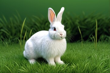 there is a white rabbit sitting in the grass with a green background