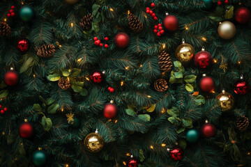 Elegant Christmas Pine Branches with Red Green and Gold Ornaments Holiday Lights and Seasonal Festive Background