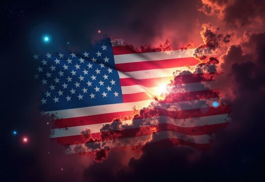 American flag waving in the wind with clouds and stars in the background