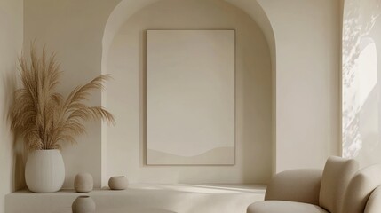 Beige room interior with arched alcove, pampas grass, and blank canvas.