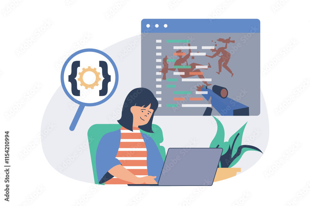 Fototapete video game developer web concept with flat cartoon people for website design. woman programming and 