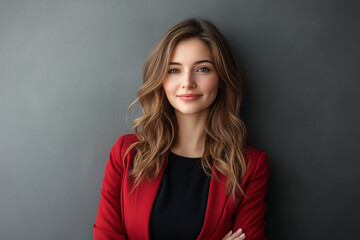Fototapeta premium Happy Young Business Woman Smiling Confidently in Professional Attire Posing Against Grey Background