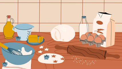 A kitchen table with baking ingredients. Home-made cookies, bread and cakes.