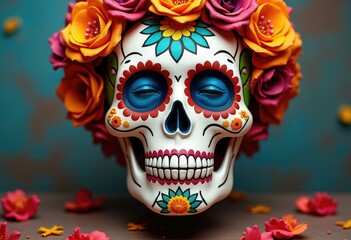 A colorful sugar skull adorned with flowers  a symbol of Day of the Dead.