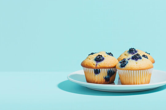 Blueberry Muffin Day celebrated on March 10, a close-up of freshly baked blueberry muffins with a golden crust and juicy blueberries, placed on a clean white plate 