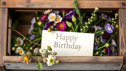 Rustic Charm: A weathered wooden crate overflowing with lush wildflowers and herbs, a crisp white gift card subtly nestled amongst the blooms. The text "Happy Birthday" is delicately embossed onto the