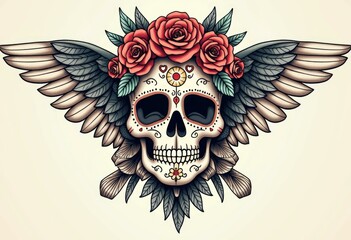 Fototapeta premium Sugar skull with wings and floral crown Day of the Dead art