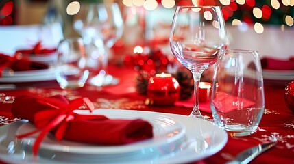 Elegant holiday dining table with red decor and glassware festooned for festive celebration.