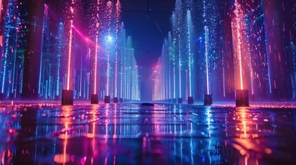 Illuminated water fountains at night, creating a vibrant, colorful pathway.