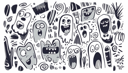 Obraz premium Playful grayscale monster doodles background illustration for Halloween design.