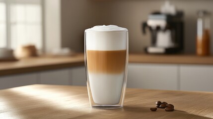 Creamy Latte in Transparent Glass on Wooden Table with Coffee Machine