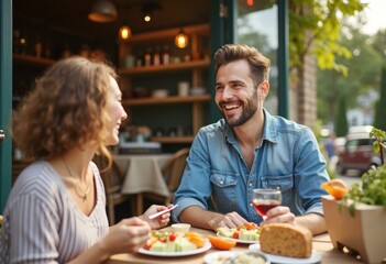 Couple enjoys a meal and conversation on a patio.