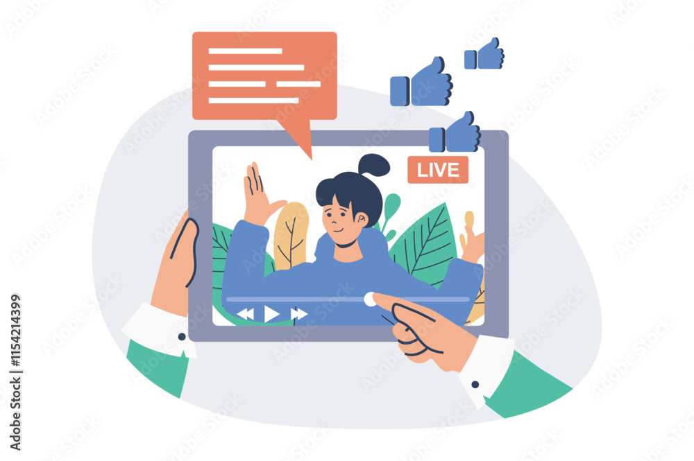 Leinwandbilder video streaming web concept with flat cartoon people for website design. follower watching favorite 
