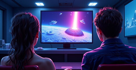 Obraz premium Couple watching sci-fi movie on large screen in dark room