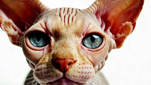 Unique sphynx cat with striking blue eyes posing against a bright background