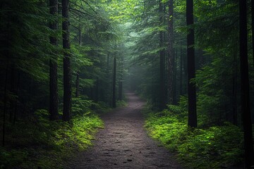 Obraz premium Lush green forest path illuminated by soft light, inviting explo