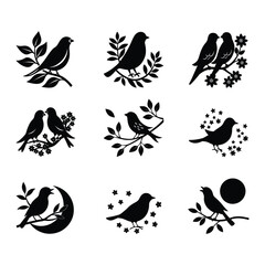 Obraz premium cute dual love birds on floral tree bunch icon silhouette vector bundle