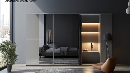 Modern mirrored wardrobe with integrated lighting in minimalist bedroom.