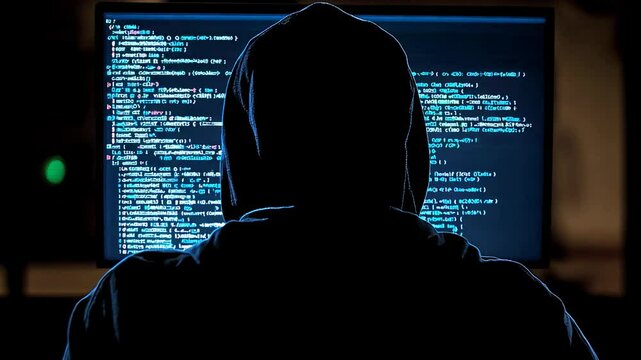 A hooded hacker figure sits in front of a computer screen displaying lines of code