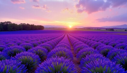 Dramatic Sunset Over Purple Lavender Field in Provence