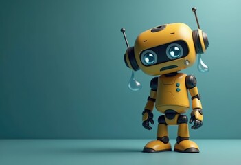 A sad yellow robot with tears streaming down its face.